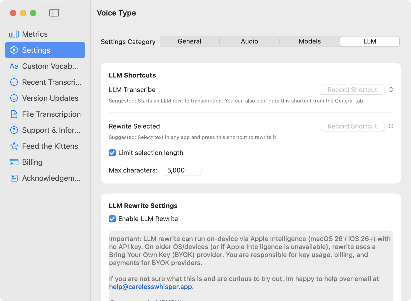 The Voice Type window on macOS, showing Settings with the LLM tab selected. LLM Shortcuts lists LLM Transcribe and Rewrite Selected with no shortcut recorded, plus a checked Limit selection length option set to 5,000 max characters. Below it, LLM Rewrite Settings holds an Enable LLM Rewrite checkbox and a note saying rewrite can run on device via Apple Intelligence on macOS 26 with no API key, and otherwise uses a Bring Your Own Key provider whose usage and billing are the user's responsibility.