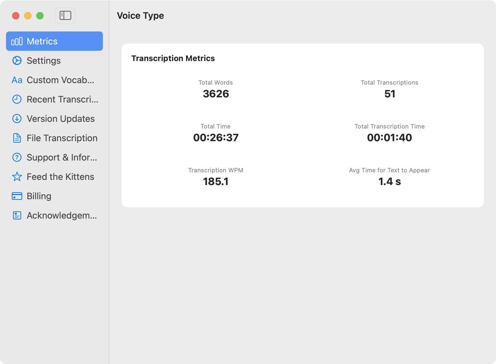 The Voice Type window on macOS, showing the Metrics pane. Transcription Metrics reports total words, total transcriptions, total time, total transcription time, transcription words per minute, and average time for text to appear.